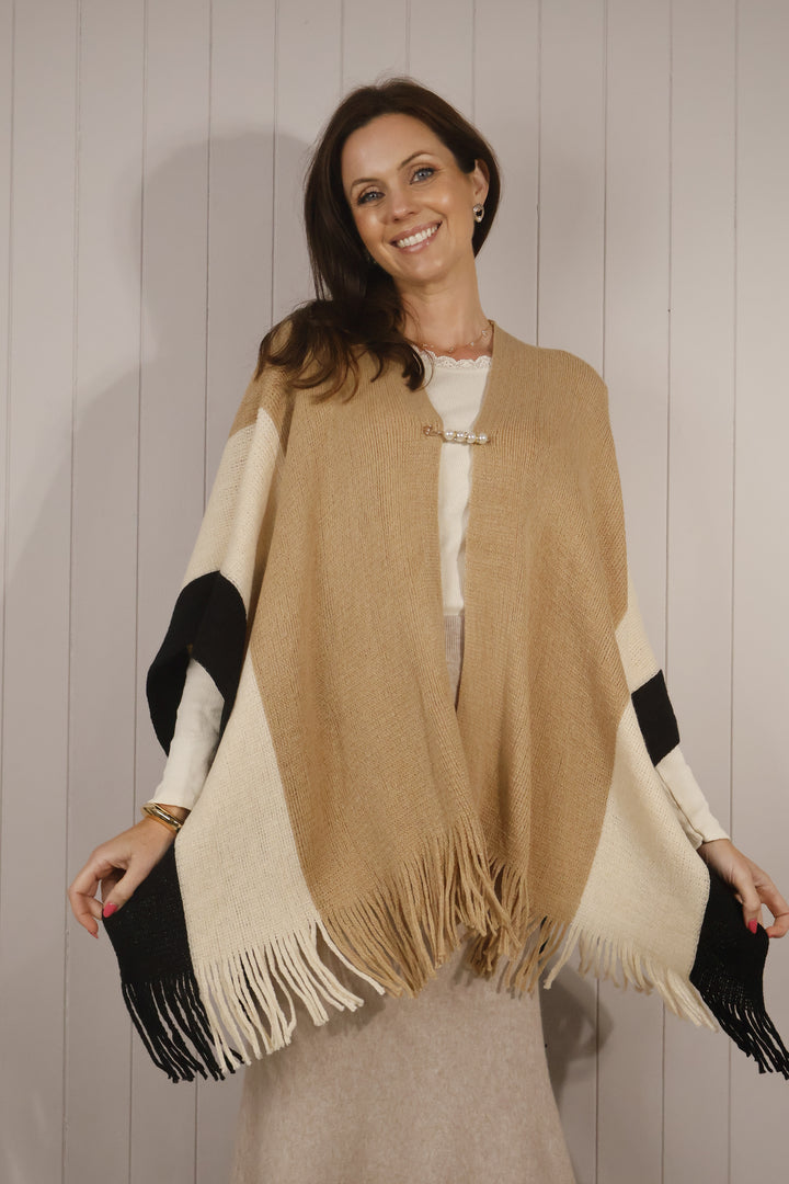 Colour Block Tassel Poncho Camel