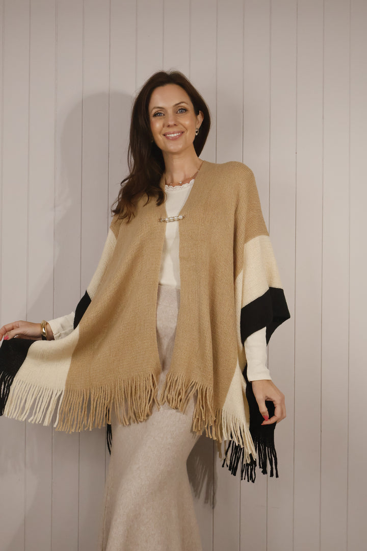 Colour Block Tassel Poncho Camel