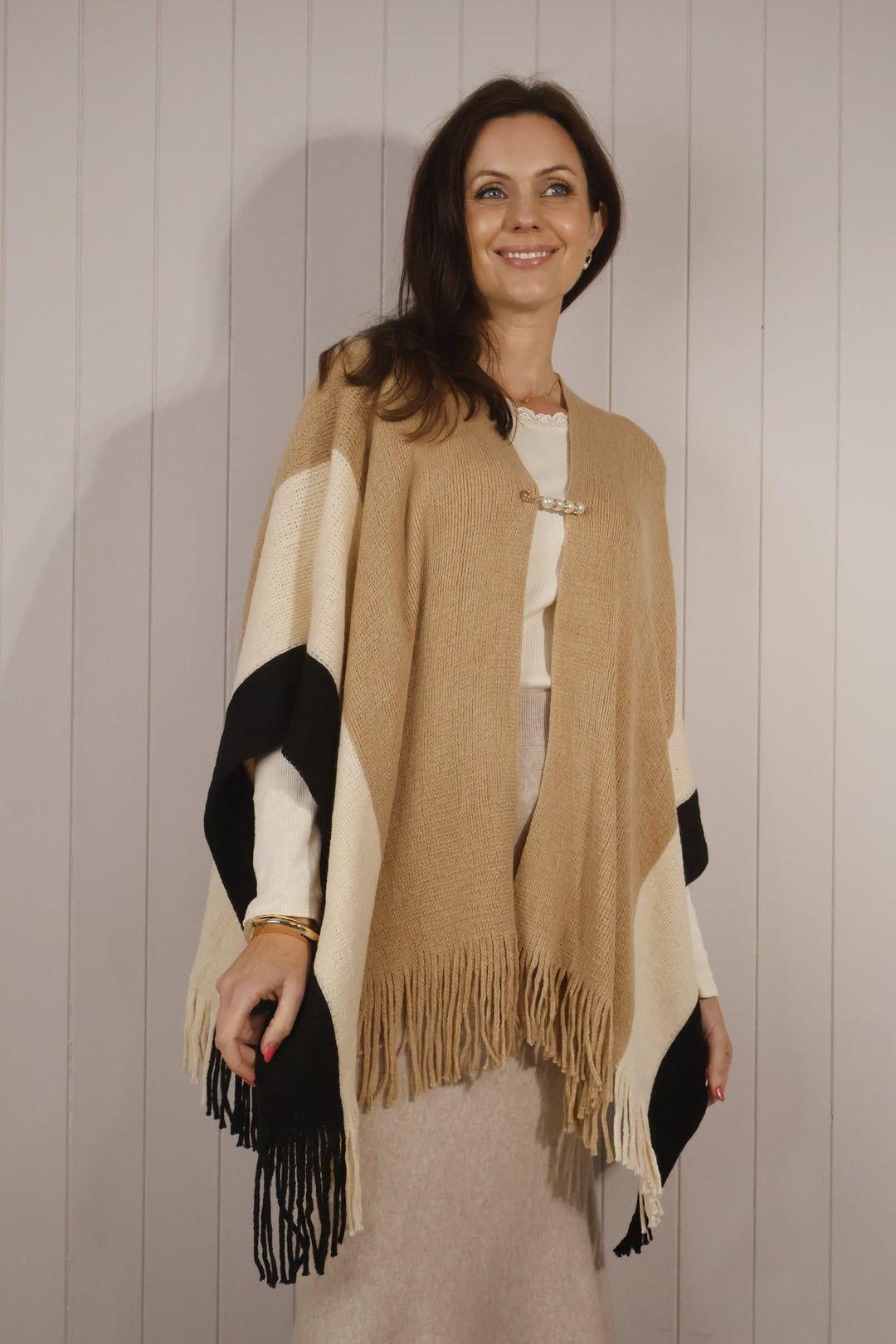 Colour Block Tassel Poncho Camel