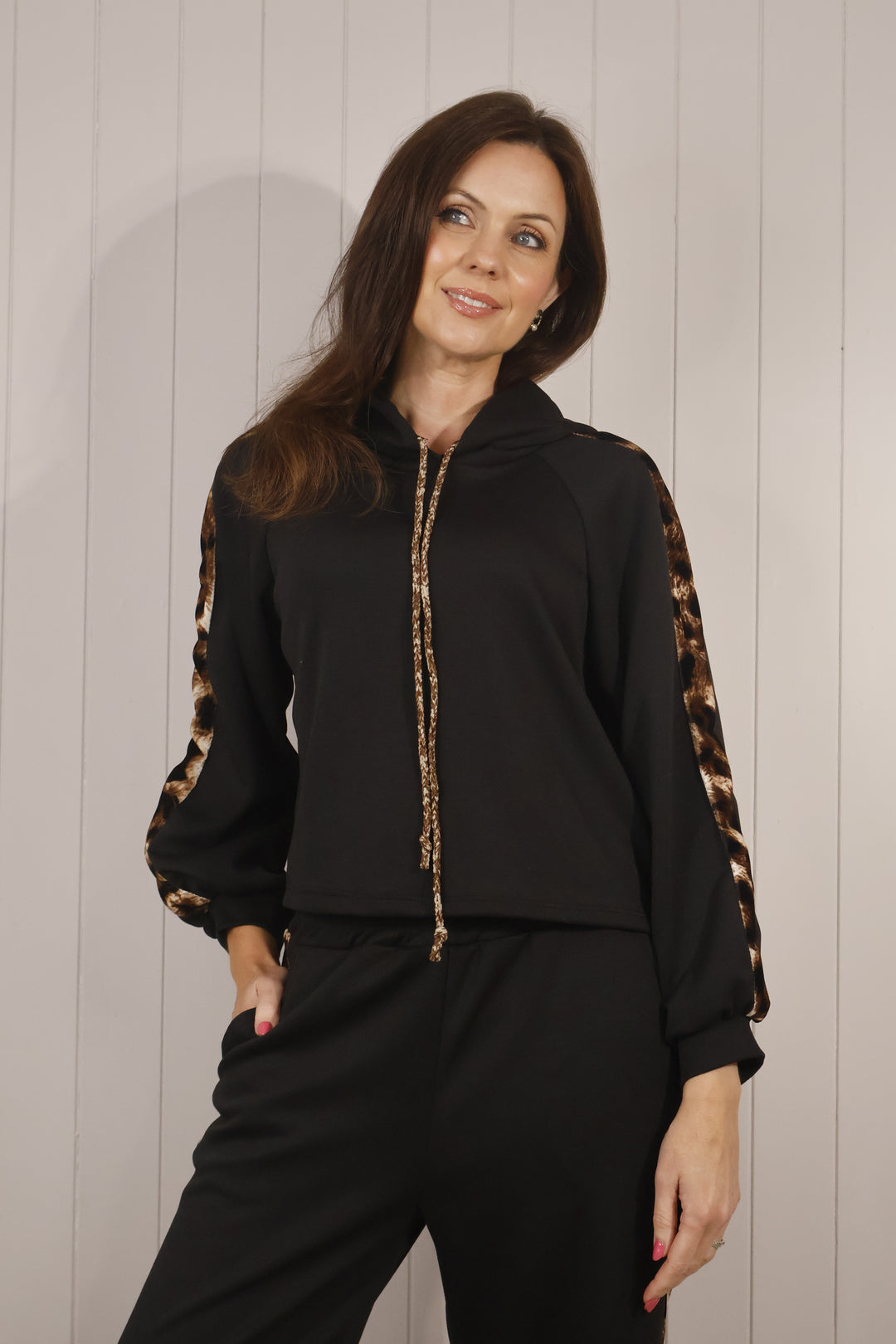 Sophia Leopard Trim Hoodie Black