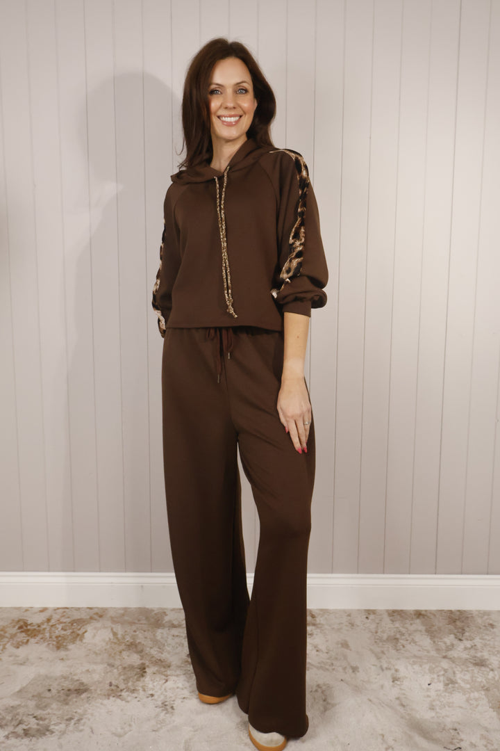 Sophia Leopard Trim Hoodie Chocolate