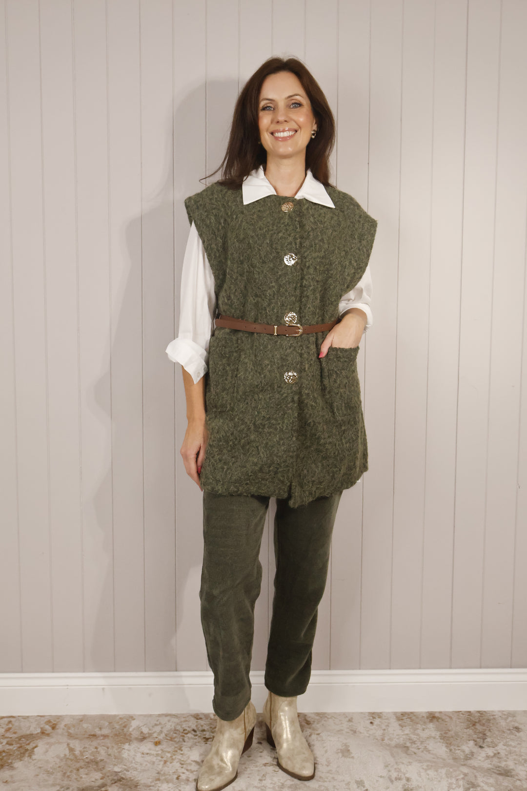 Bria Belted Sleeveless Jacket Khaki