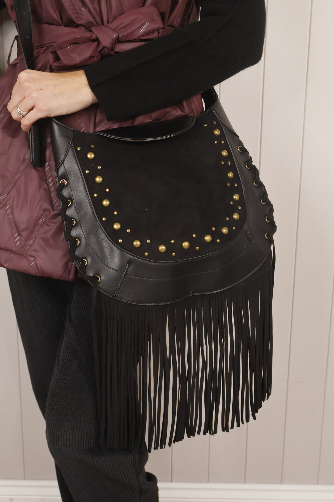 Jessie Fringe Messenger Bag Black