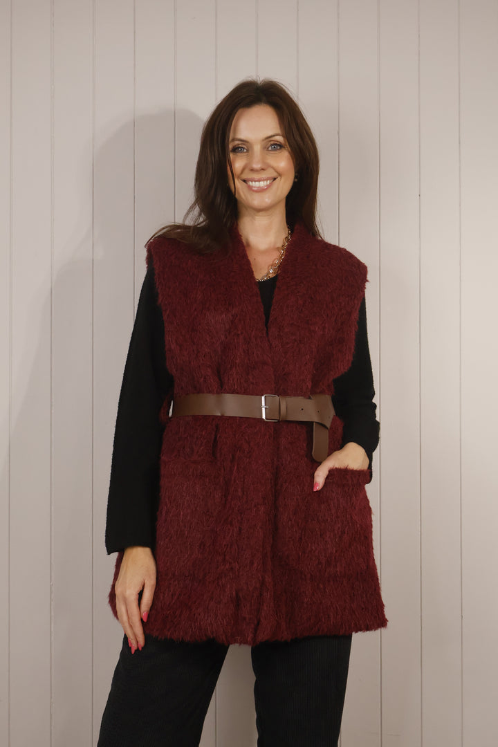 Faux Fur Belted Waistcoat Burgundy