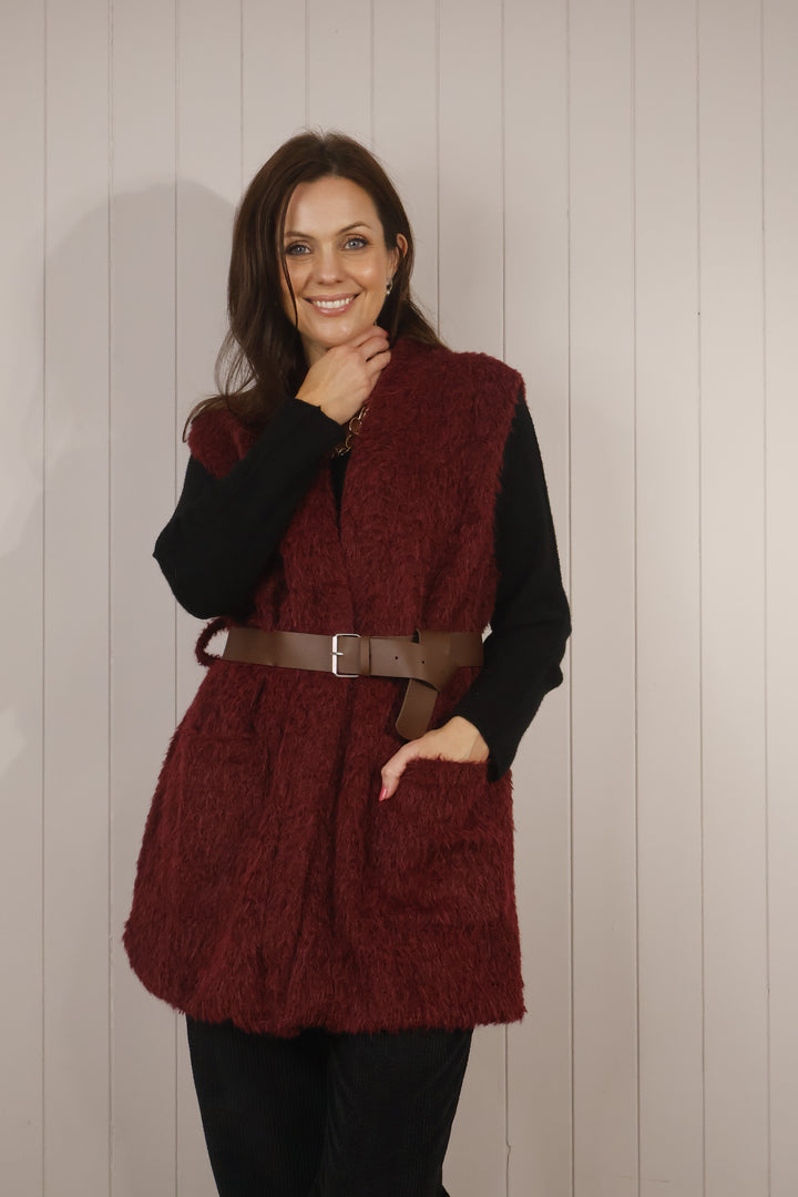 Faux Fur Belted Waistcoat Burgundy