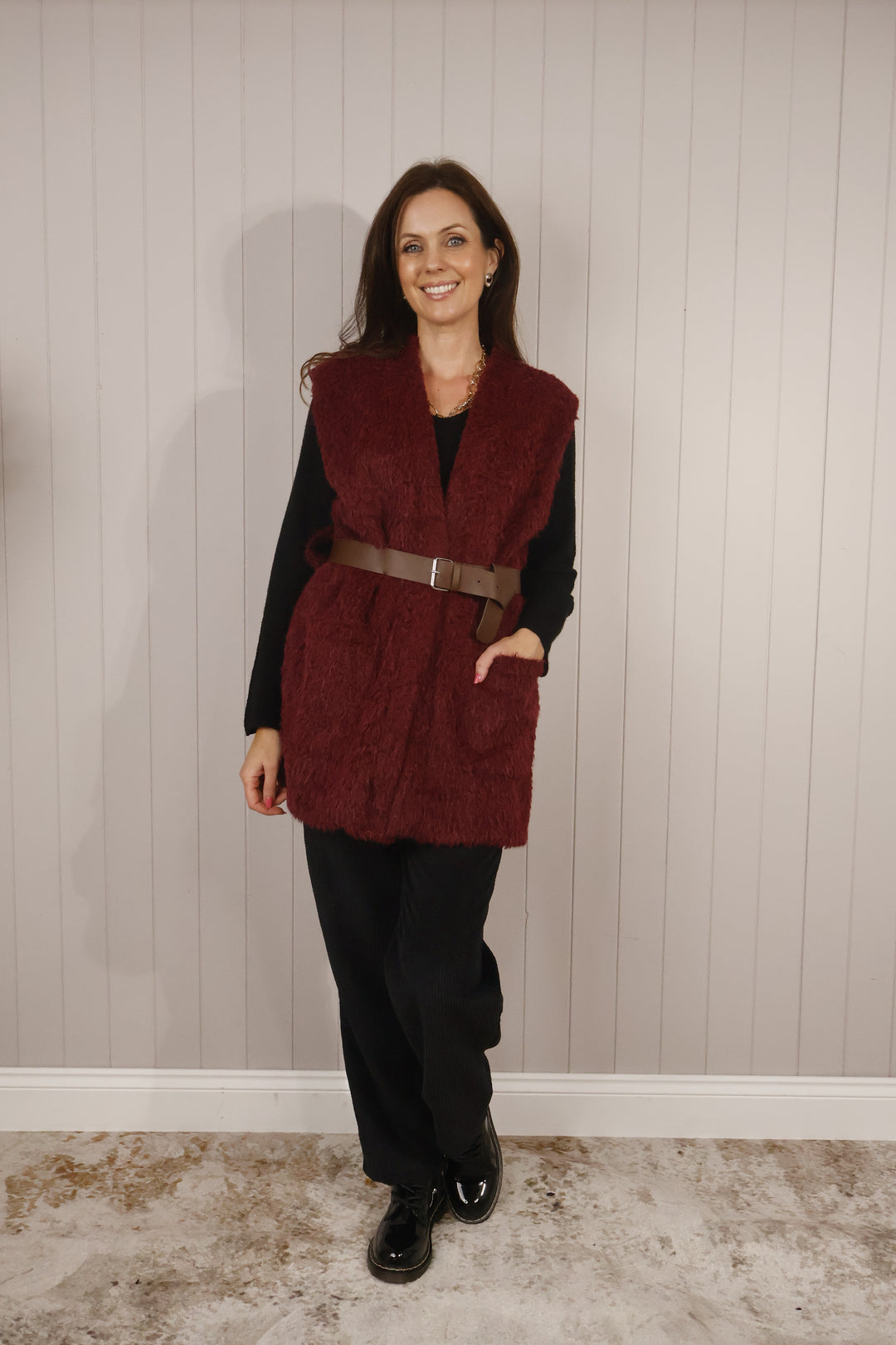 Faux Fur Belted Waistcoat Burgundy
