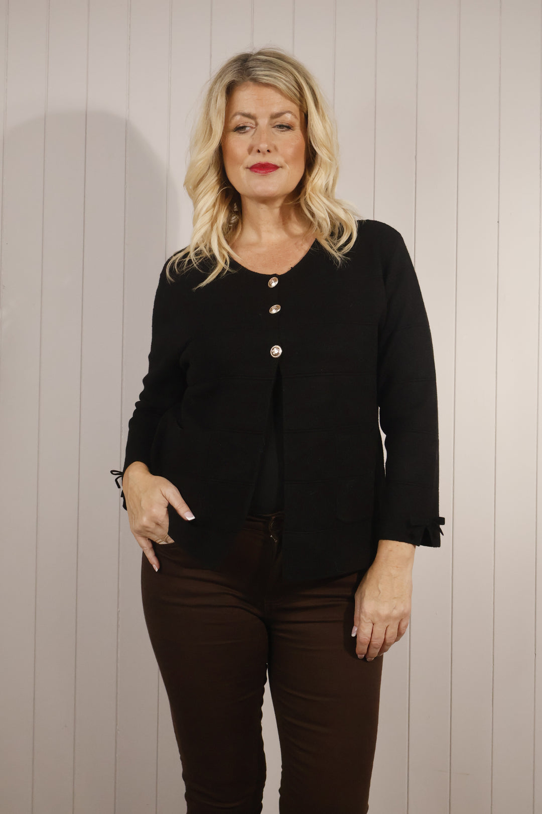 Gloria Gold Button Cardigan Black