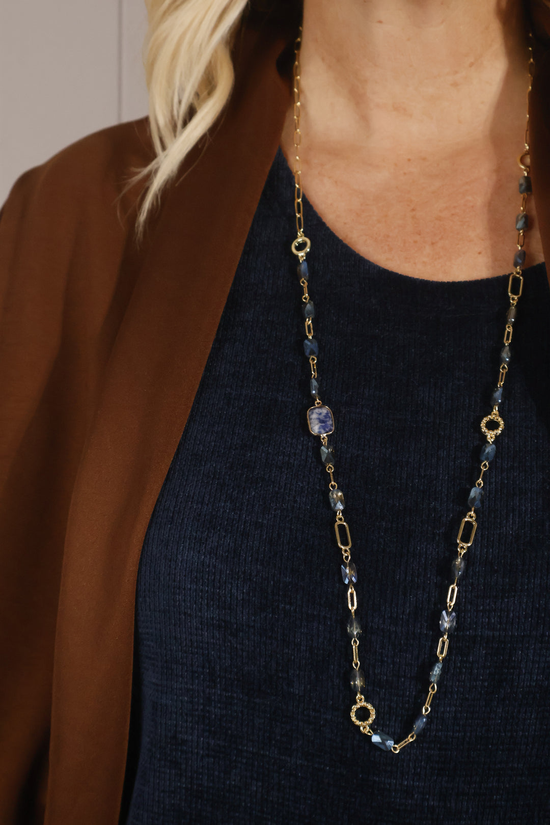 Long Blue Beaded Necklace