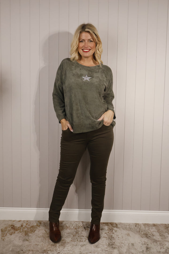 Corina Chenille Star Top Khaki