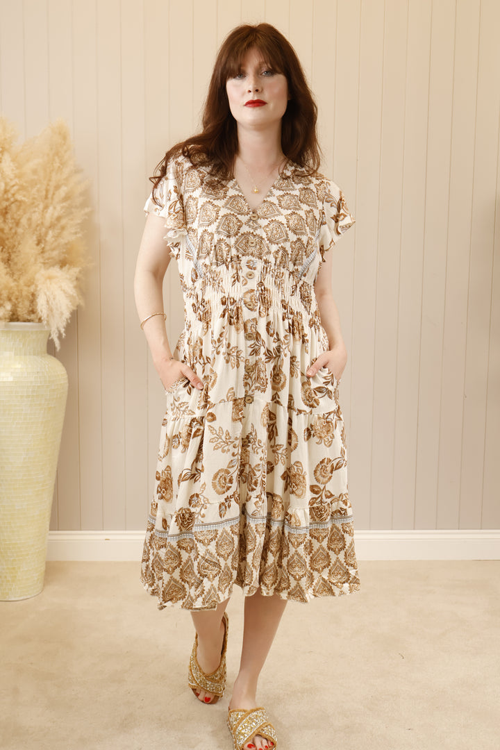 Fable Floral Midi Dress Mocha