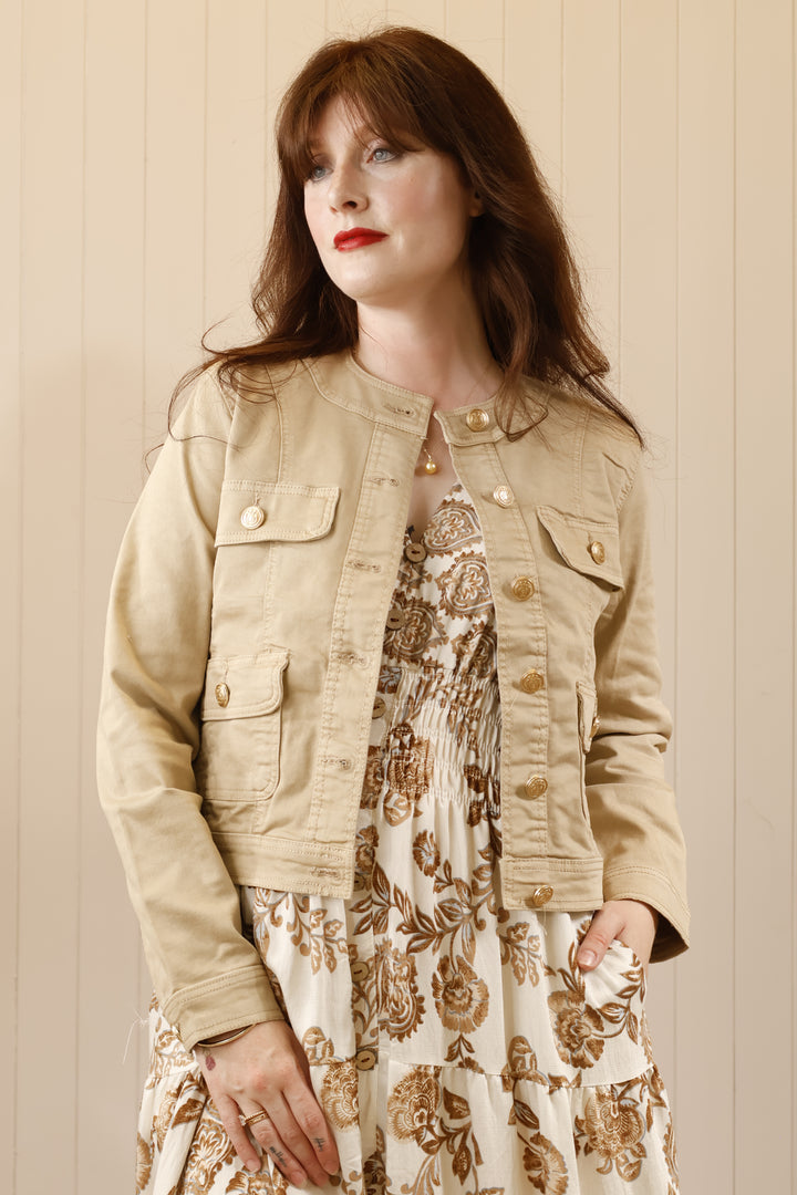 Round Neck Denim Jacket Taupe
