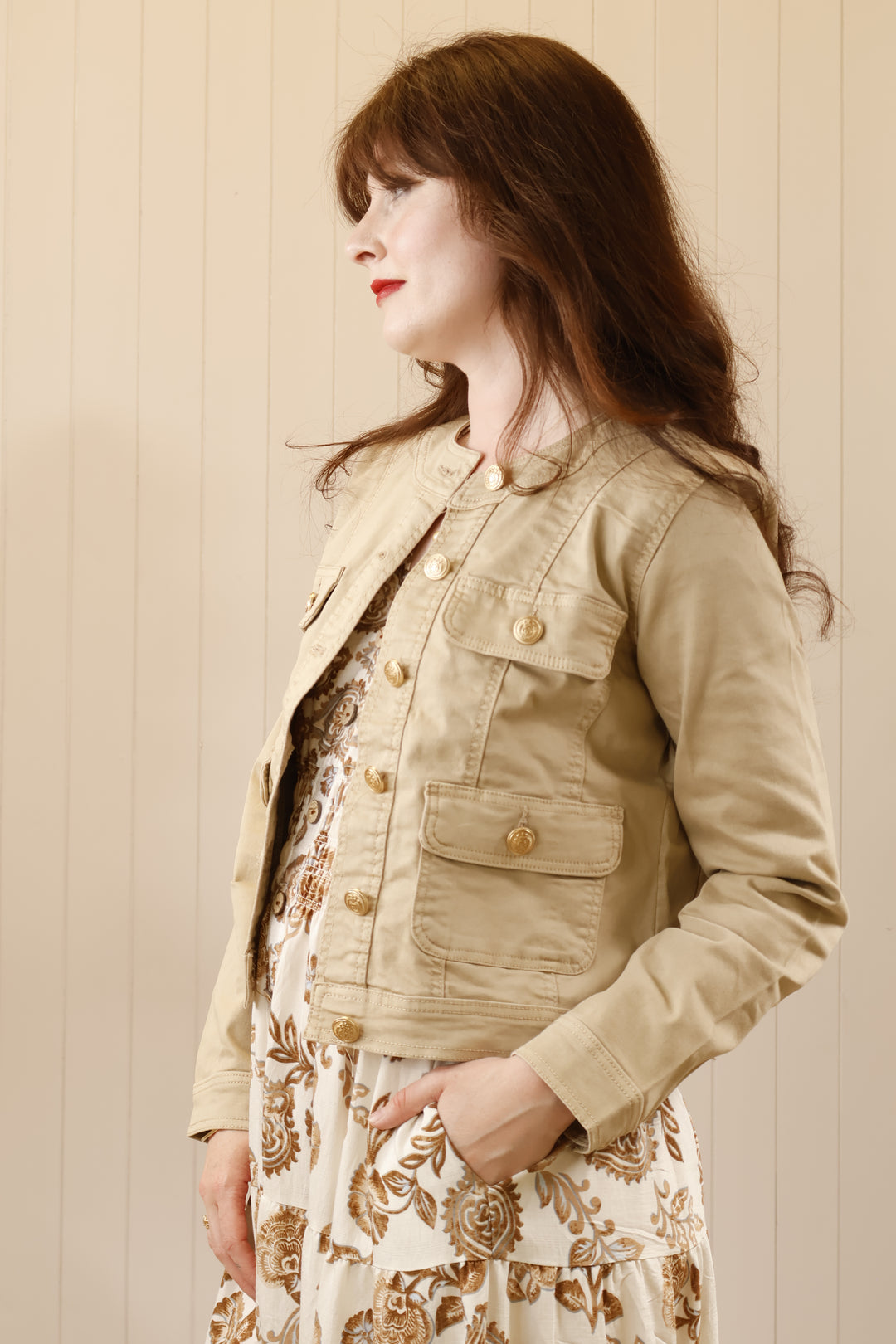 Round Neck Denim Jacket Taupe