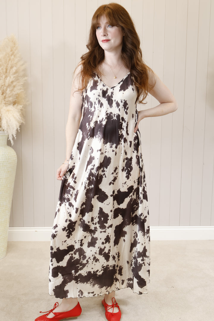 Kisha Cow Print Maxi Dress Black