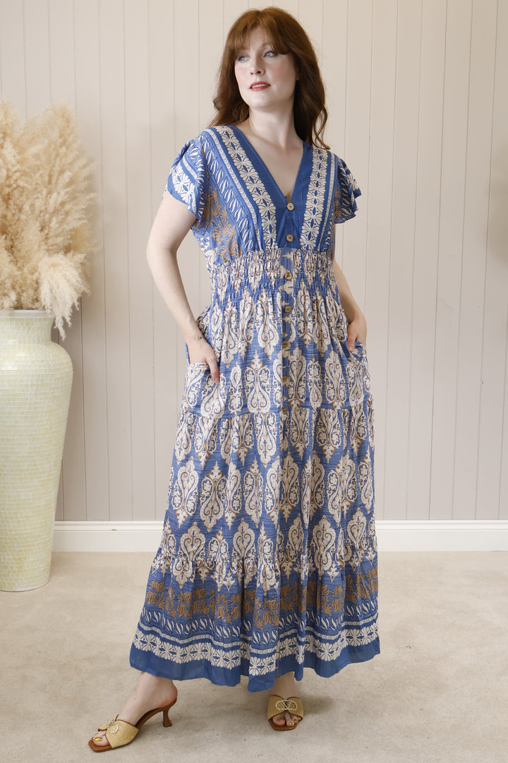 Taliah Damask Print Maxi Dress Blue