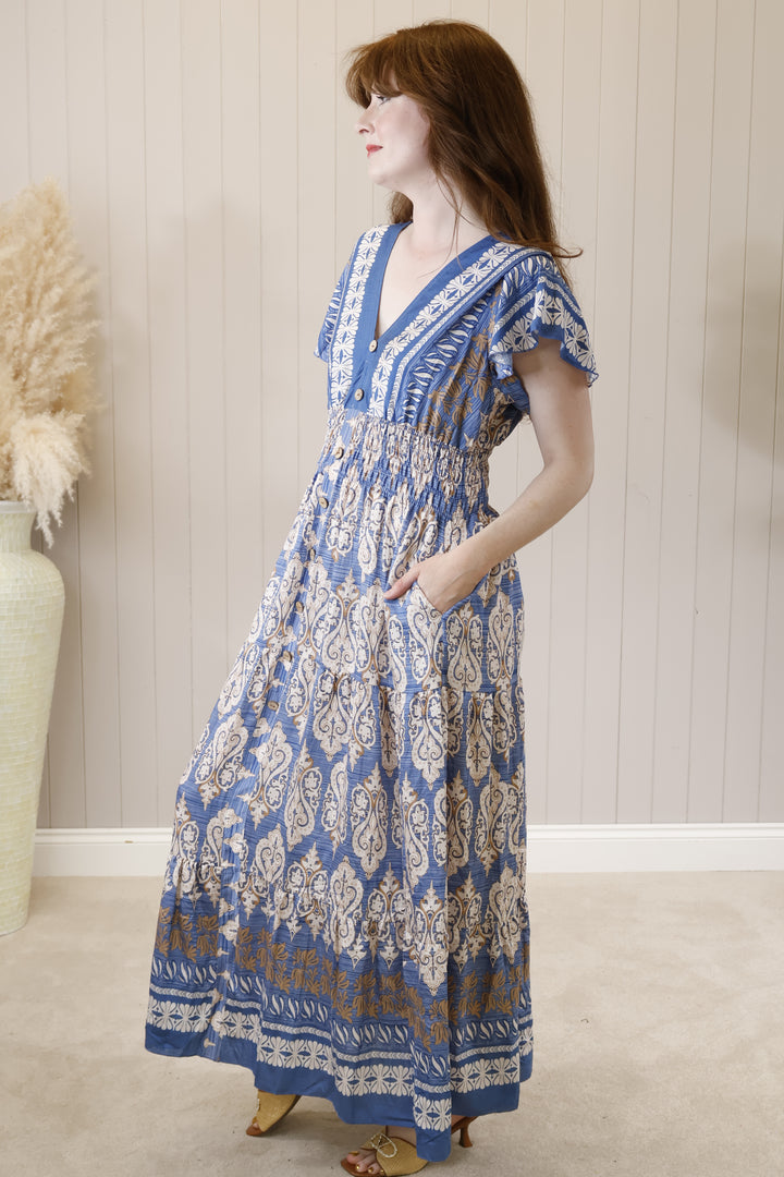 Taliah Damask Print Maxi Dress Blue
