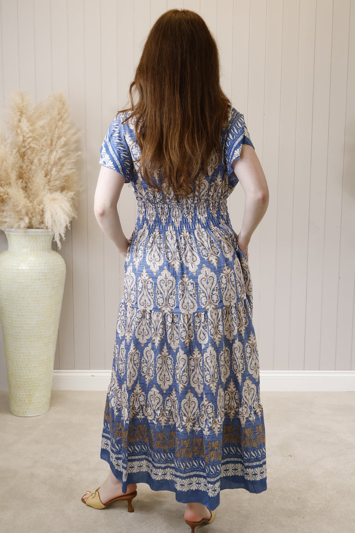 Taliah Damask Print Maxi Dress Blue