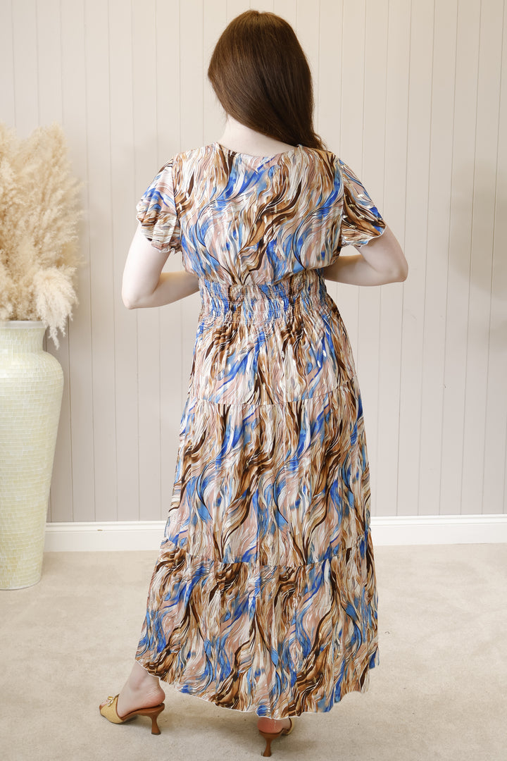 Taliah Gold Fleck Maxi Dress Blue