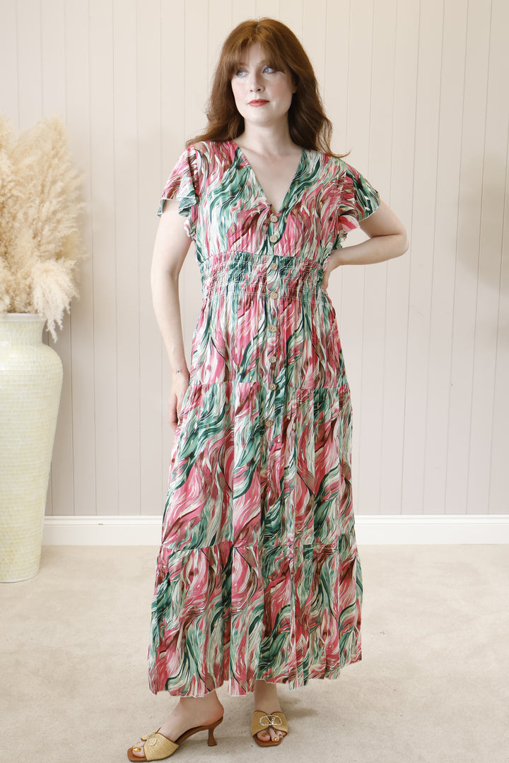 Taliah Gold Fleck Maxi Dress Pink