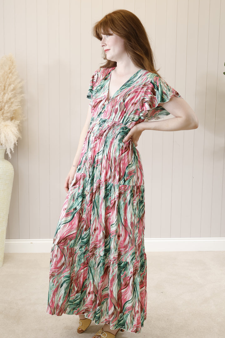 Taliah Gold Fleck Maxi Dress Pink