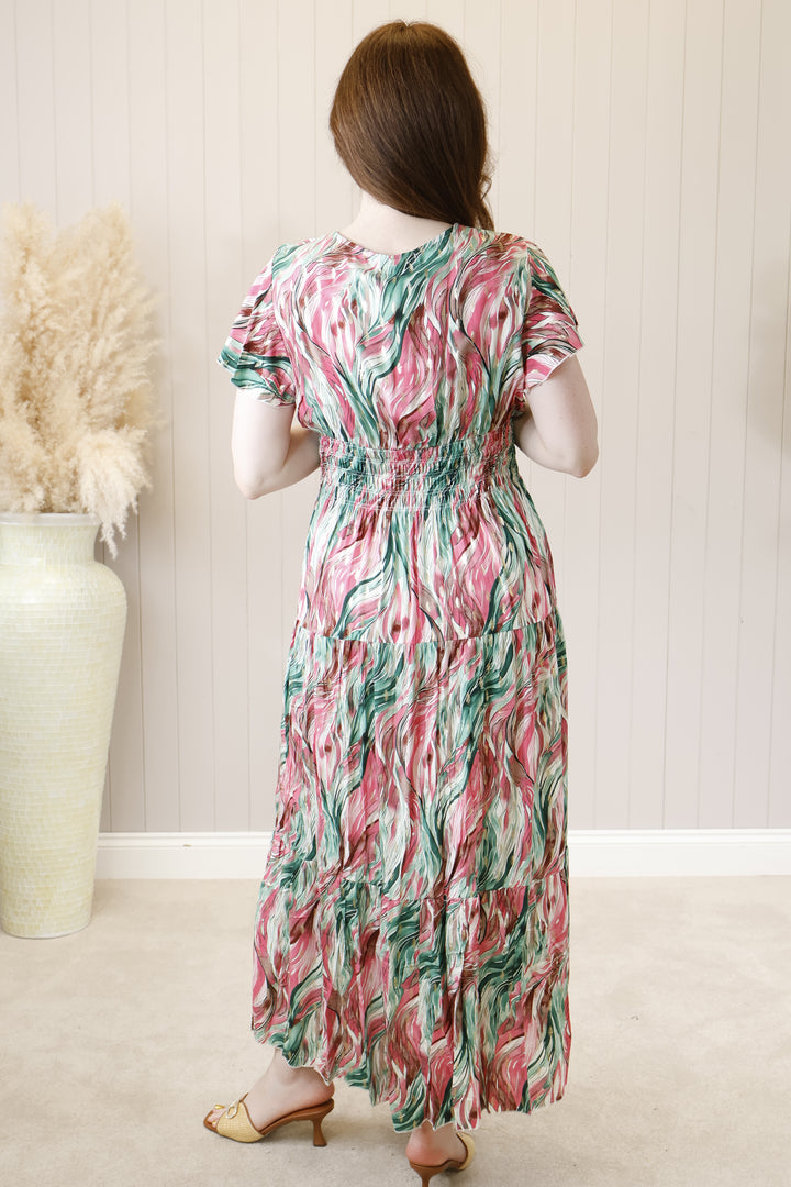 Taliah Gold Fleck Maxi Dress Pink