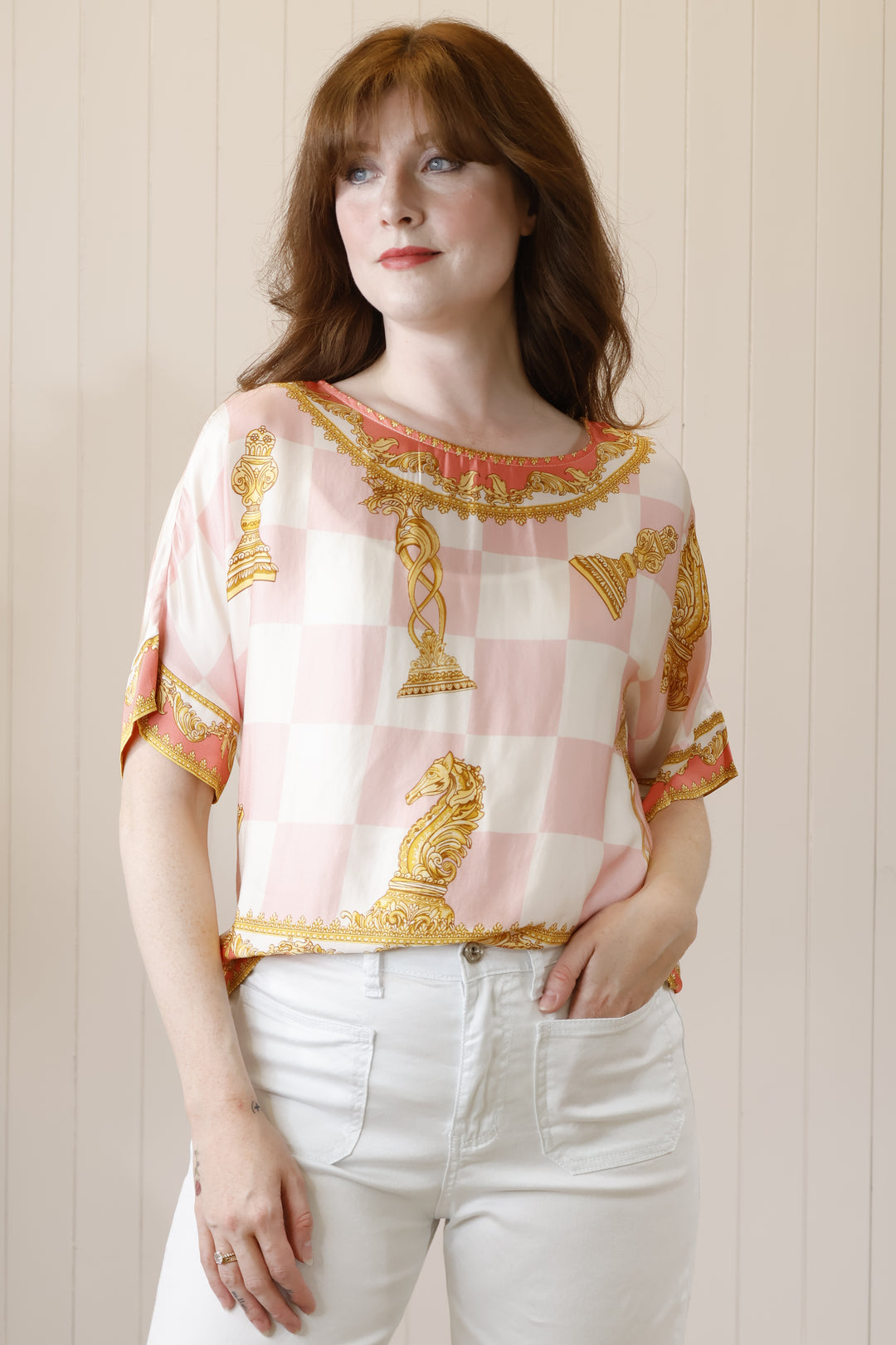 Chelsea Chess Print Top Pink