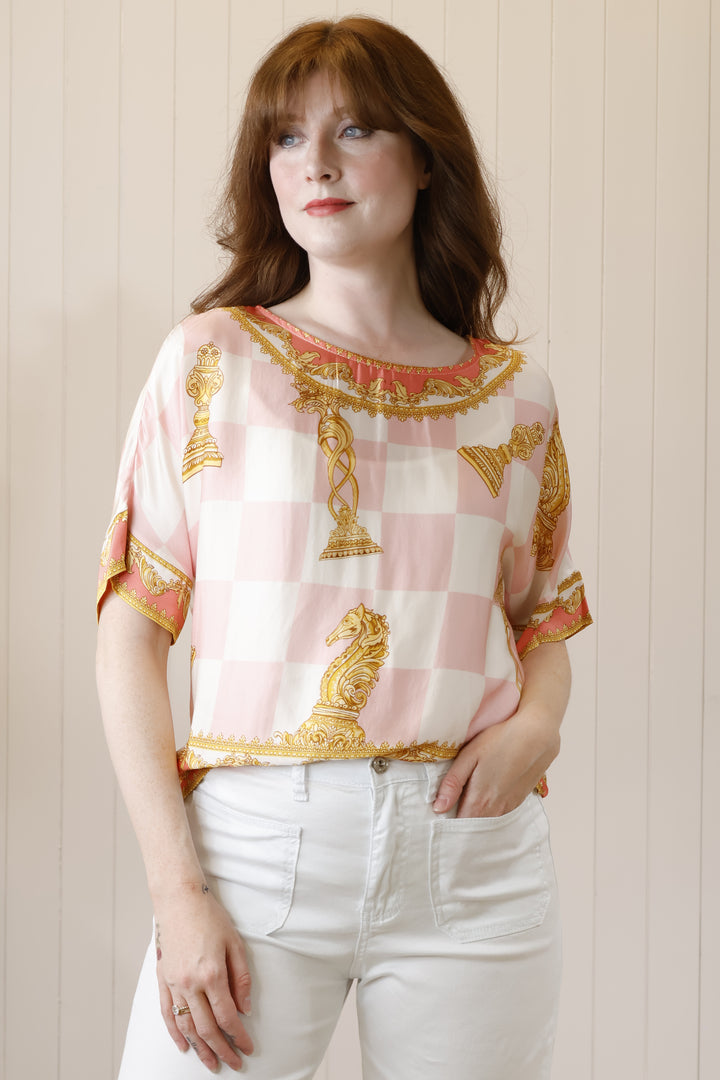 Chelsea Chess Print Top Pink