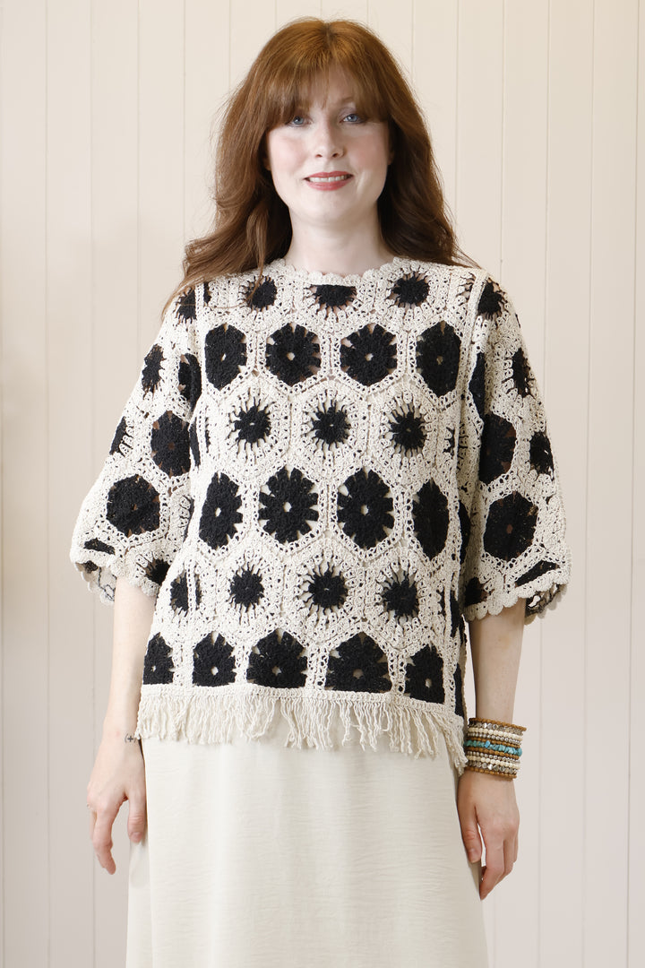 Fringe hem crochet jumper Biege/Black