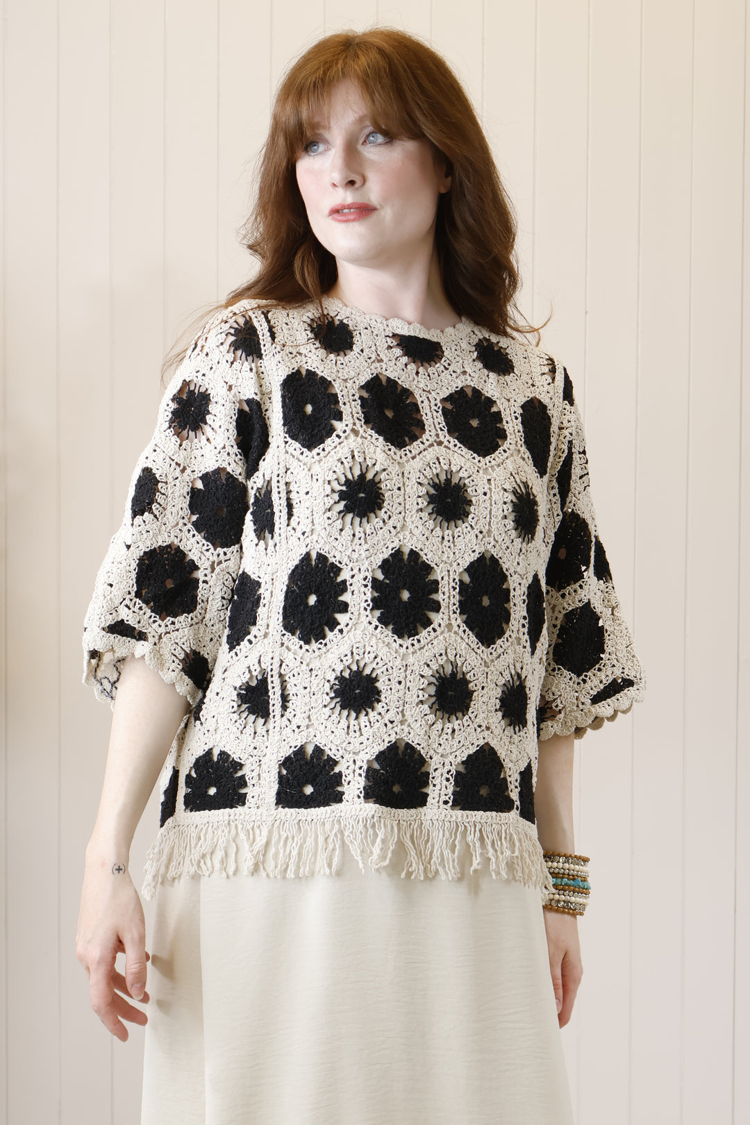 Fringe hem crochet jumper Biege/Black