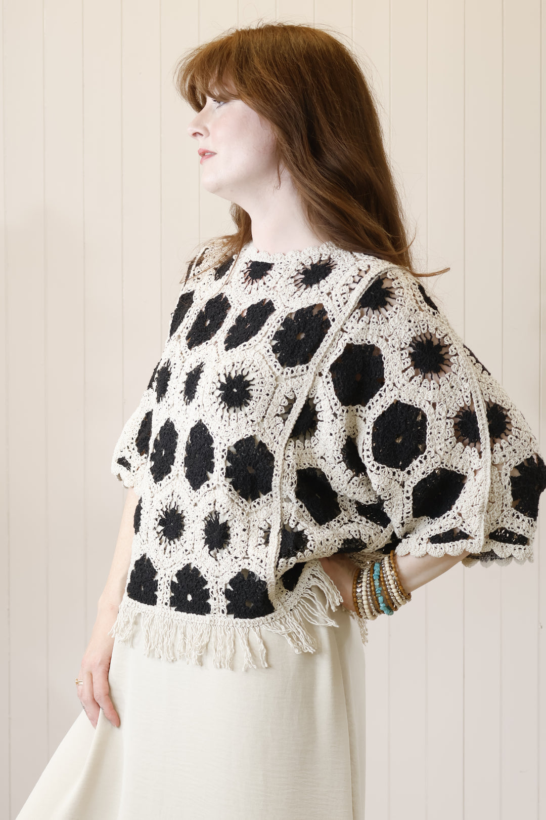 Fringe hem crochet jumper Biege/Black