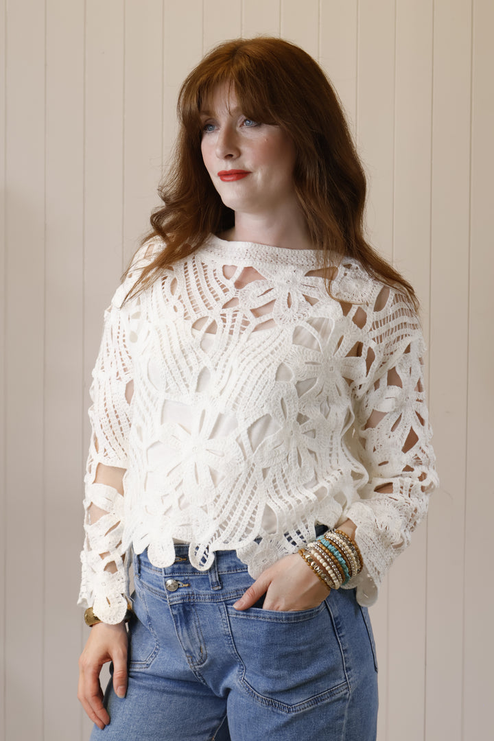 Flossie Floral Crochet Top White