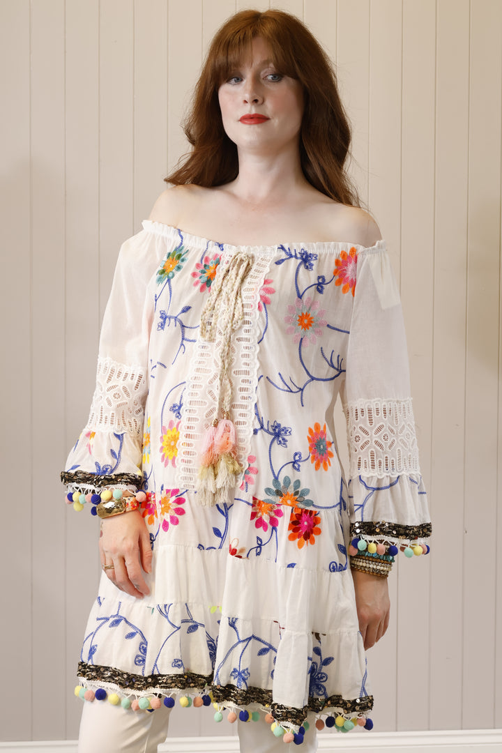 Neon Embroidered Pom Pom Tunic