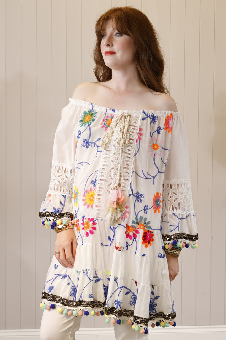 Neon Embroidered Pom Pom Tunic