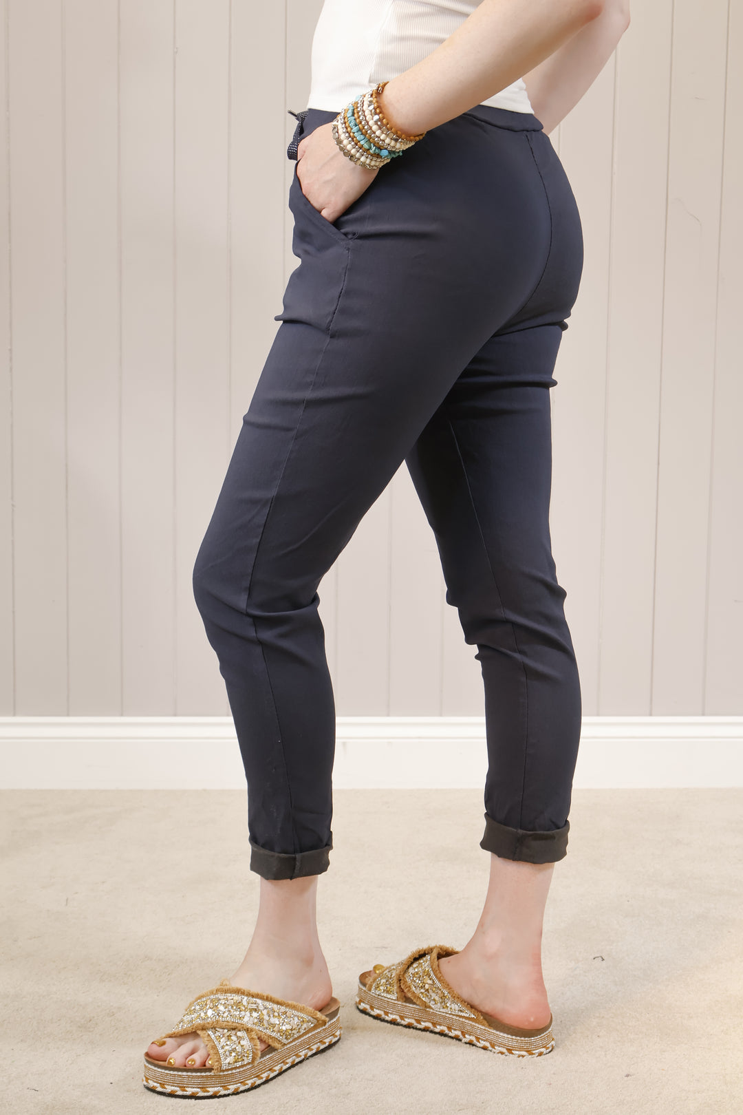 Lurex Tie Magic Pants Navy