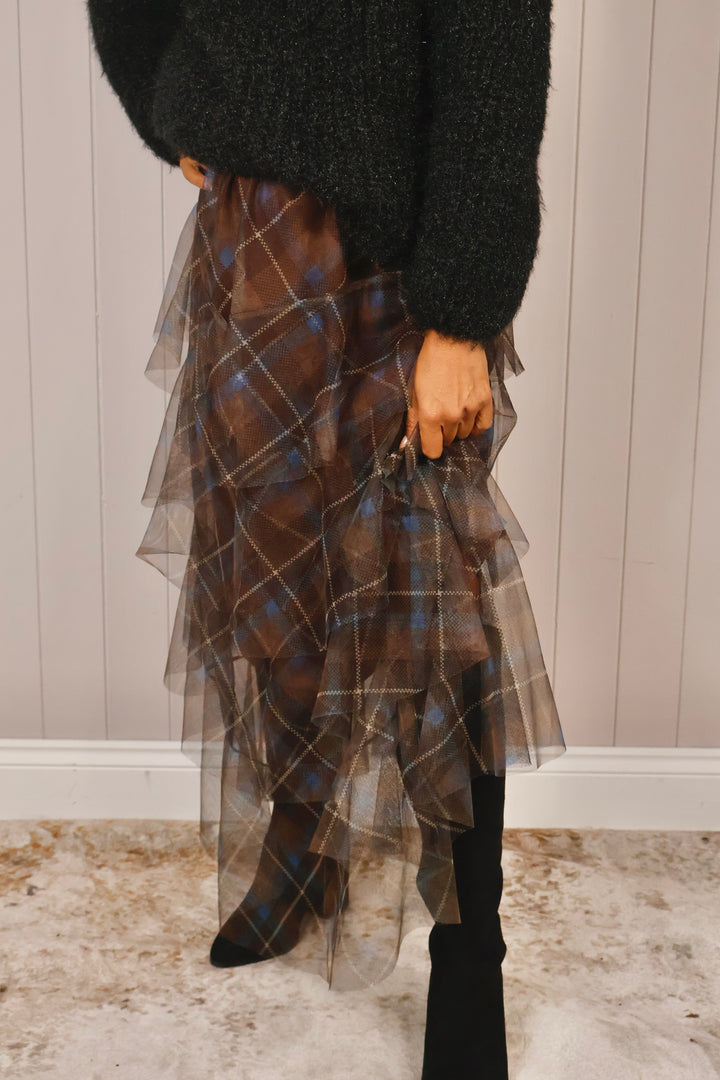 Luciana Tartan Ruffle Skirt Chocolate