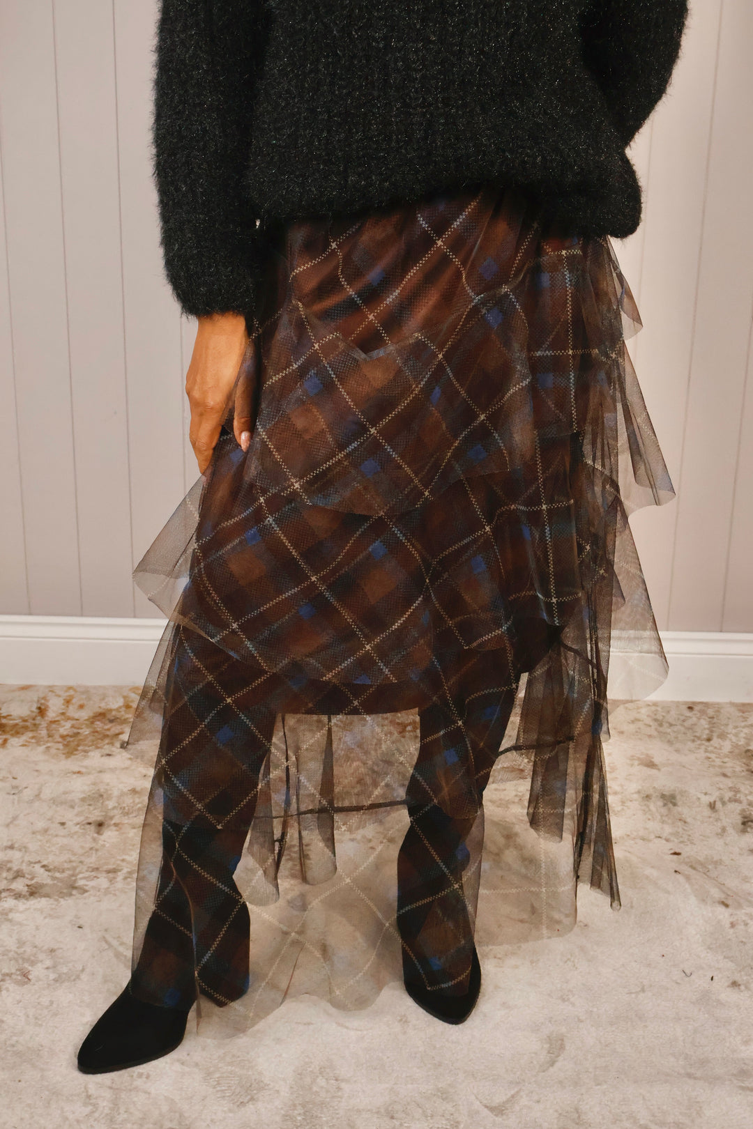 Luciana Tartan Ruffle Skirt Chocolate