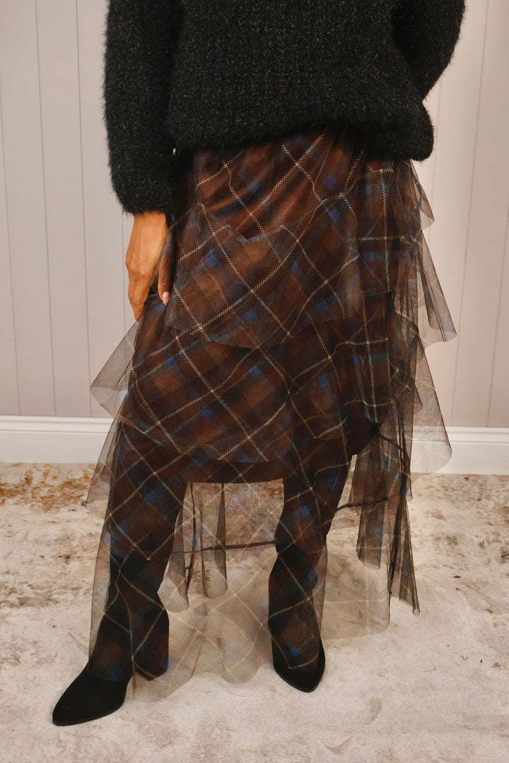 Luciana Tartan Ruffle Skirt Chocolate