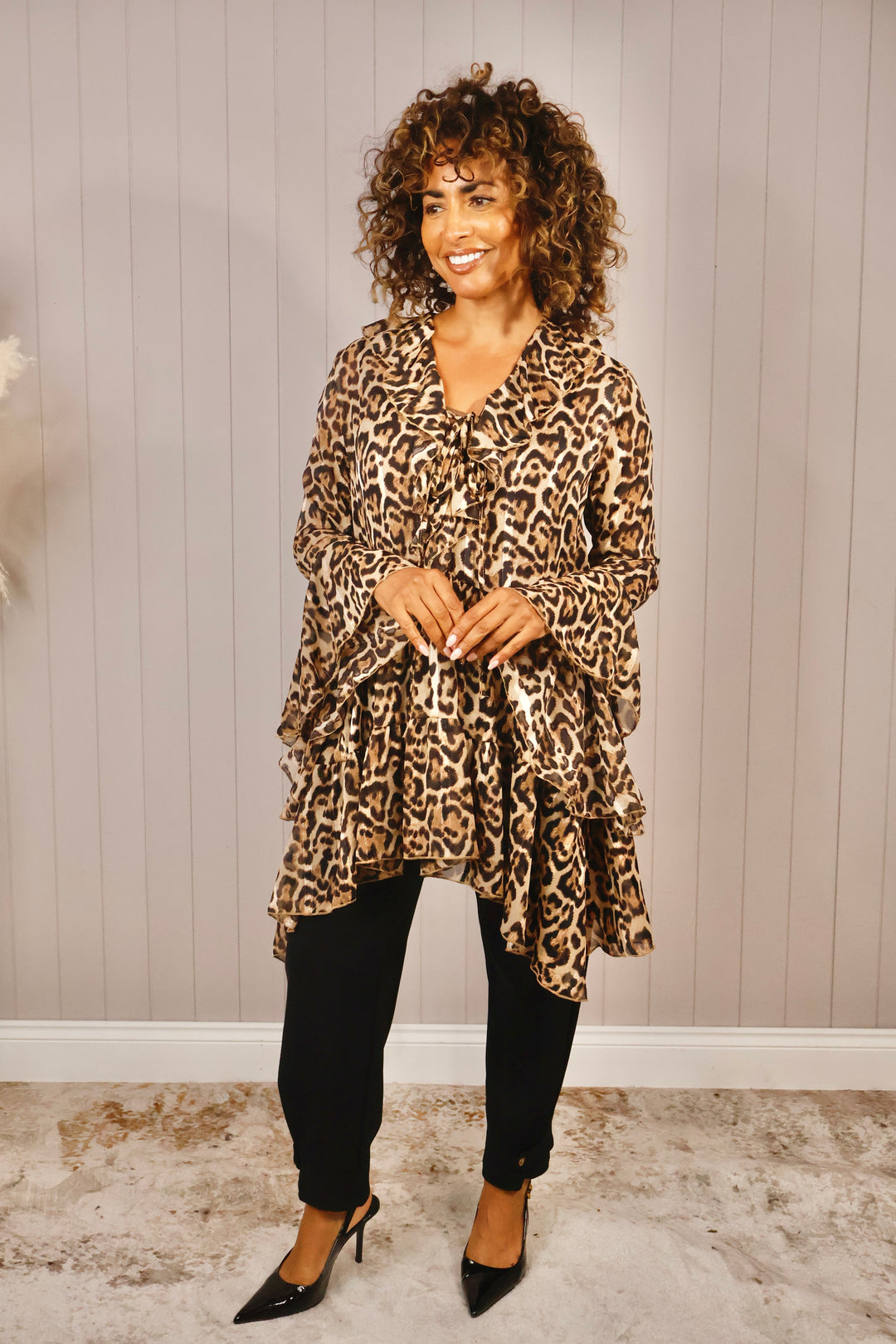 Corinne Leopard Ruffle Tunic