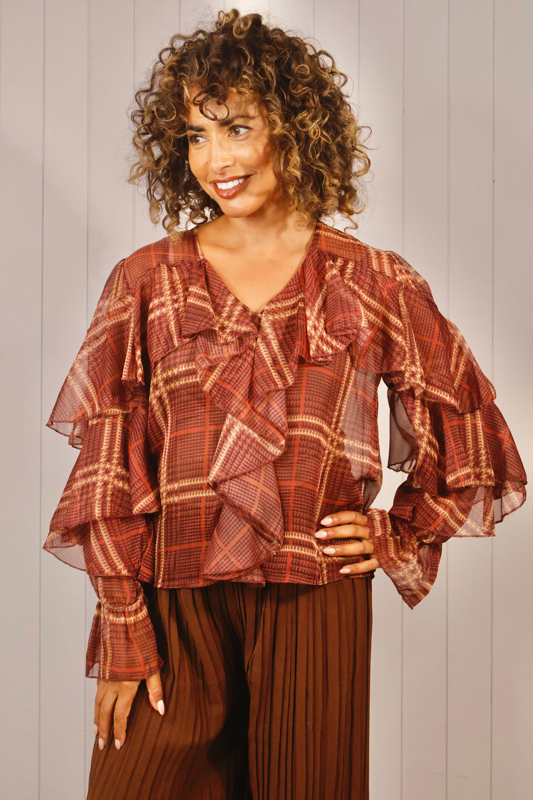 Angelica Tartan Sheer Ruffle Top Plum