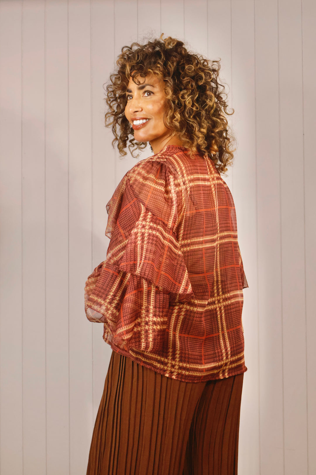 Angelica Tartan Sheer Ruffle Top Plum