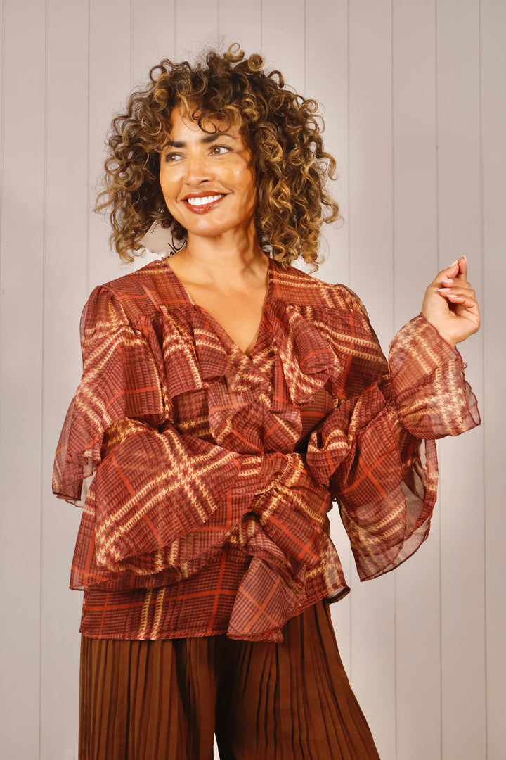 Angelica Tartan Sheer Ruffle Top Plum