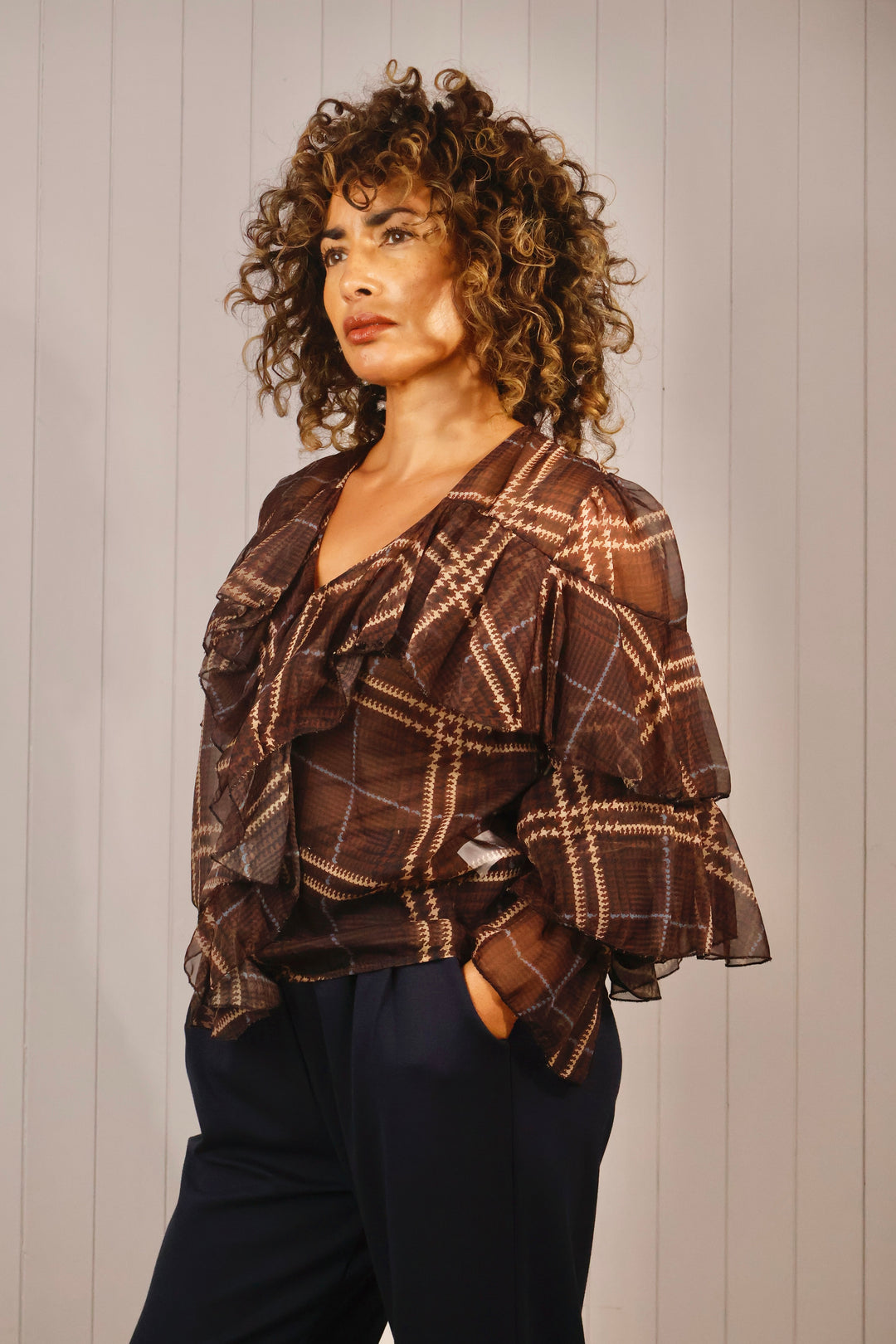 Angelica Tartan Sheer Ruffle Top Chocolate