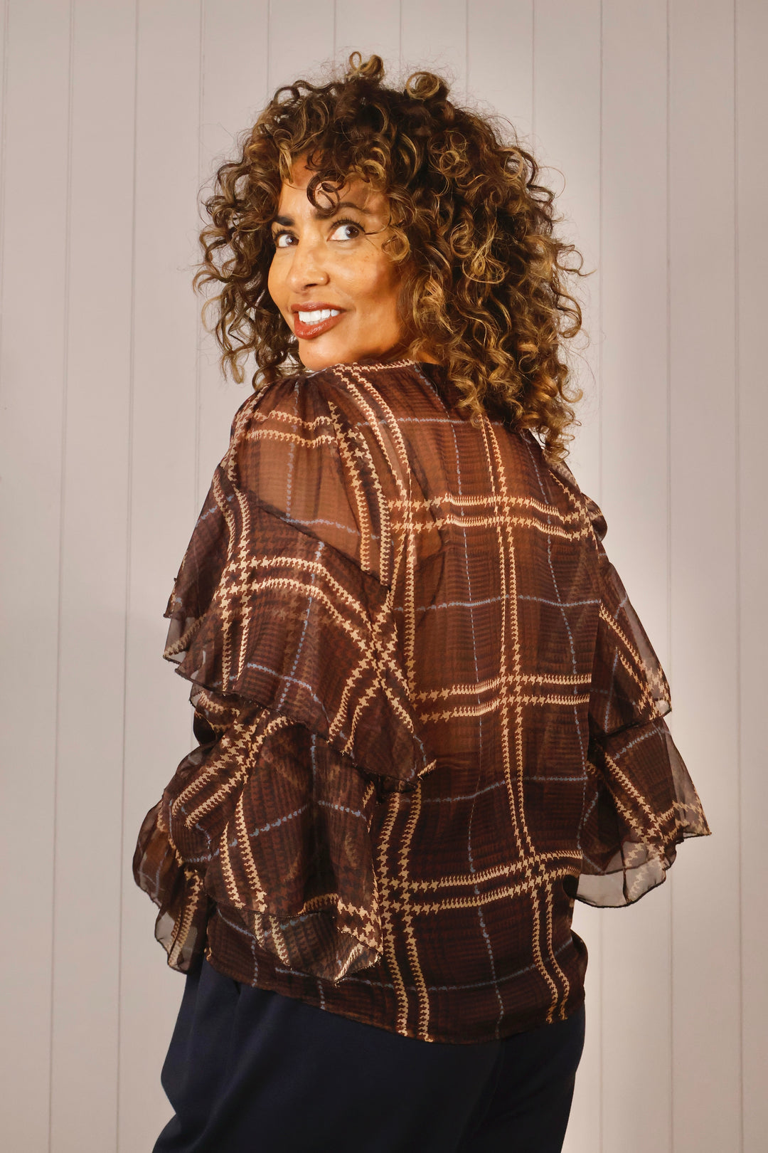 Angelica Tartan Sheer Ruffle Top Chocolate
