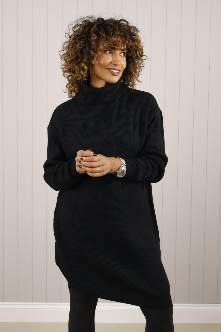 Romy Ribbed Roll Neck Jumper Dress Black