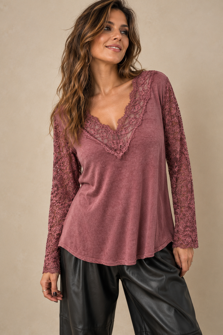 Rosie Lace Long Sleeve Top Cranberry