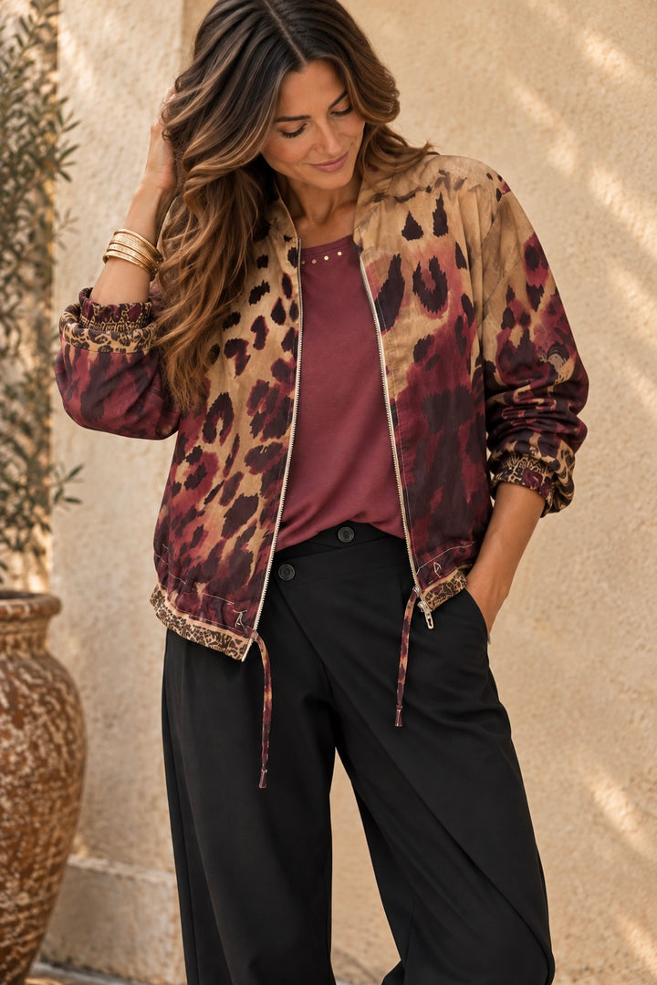 Sabrina Leopard Zip Jacket Burgundy