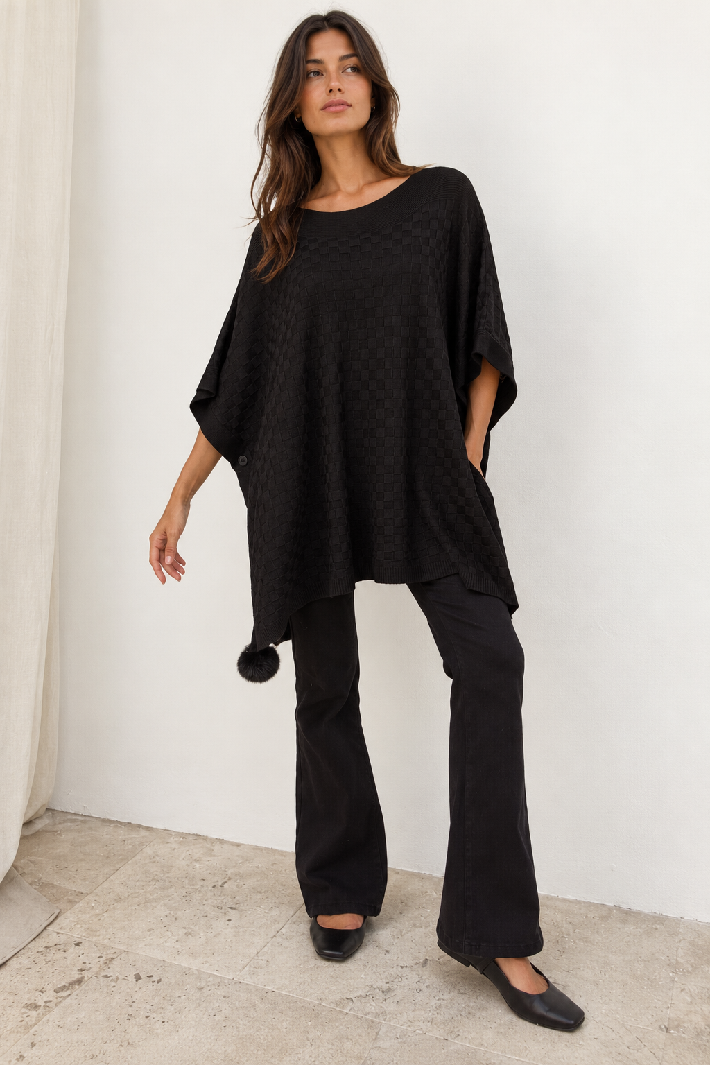 Checkerboard Pom Pom Poncho Black