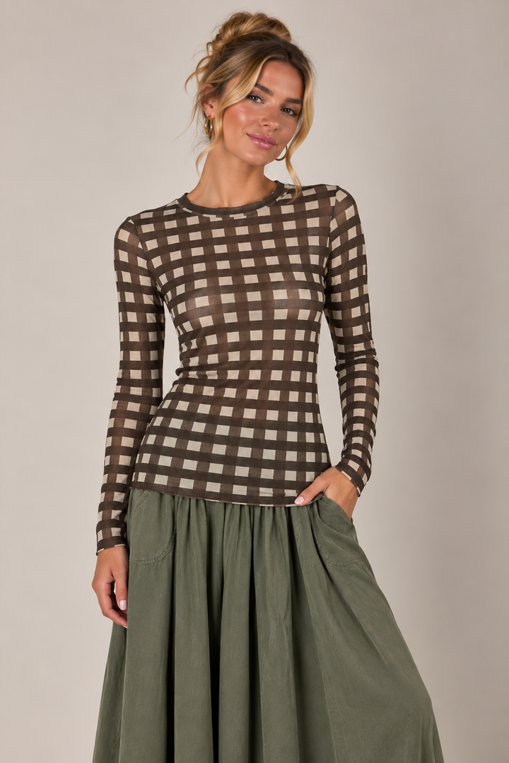 Checked Print Cashmere Top Chocolate