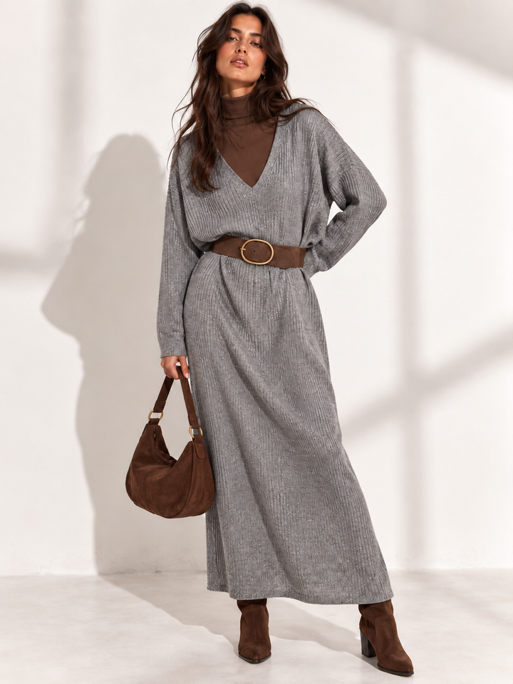 Andie V Neck Ribbed Dress Grey