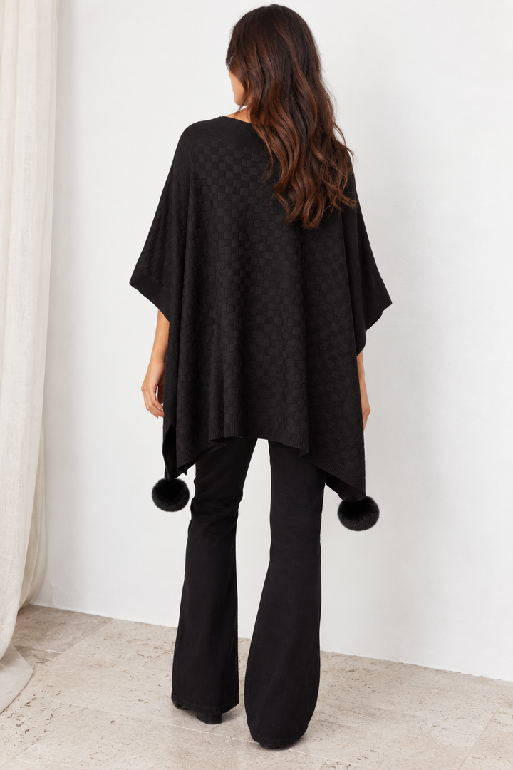 Checkerboard Pom Pom Poncho Black