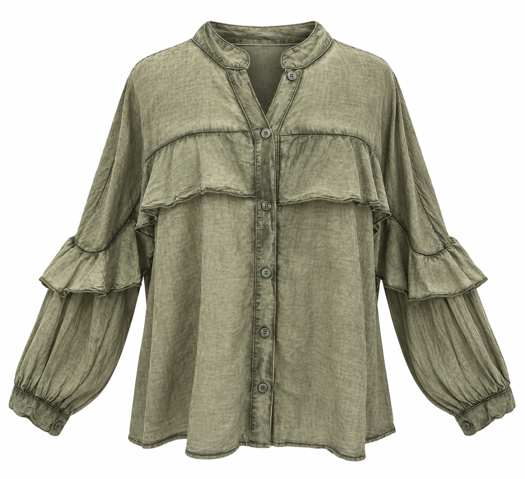 Francis Stone Washed Frill Shirt Olive